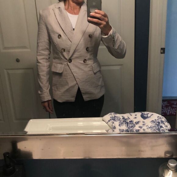 Maison D'Amelie Paris Brown pinstripe double breasted blazer with stretch size X - Picture 6 of 6